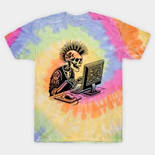 Punk Rock Goth Skeleton on Computer Vintage Style T-Shirt